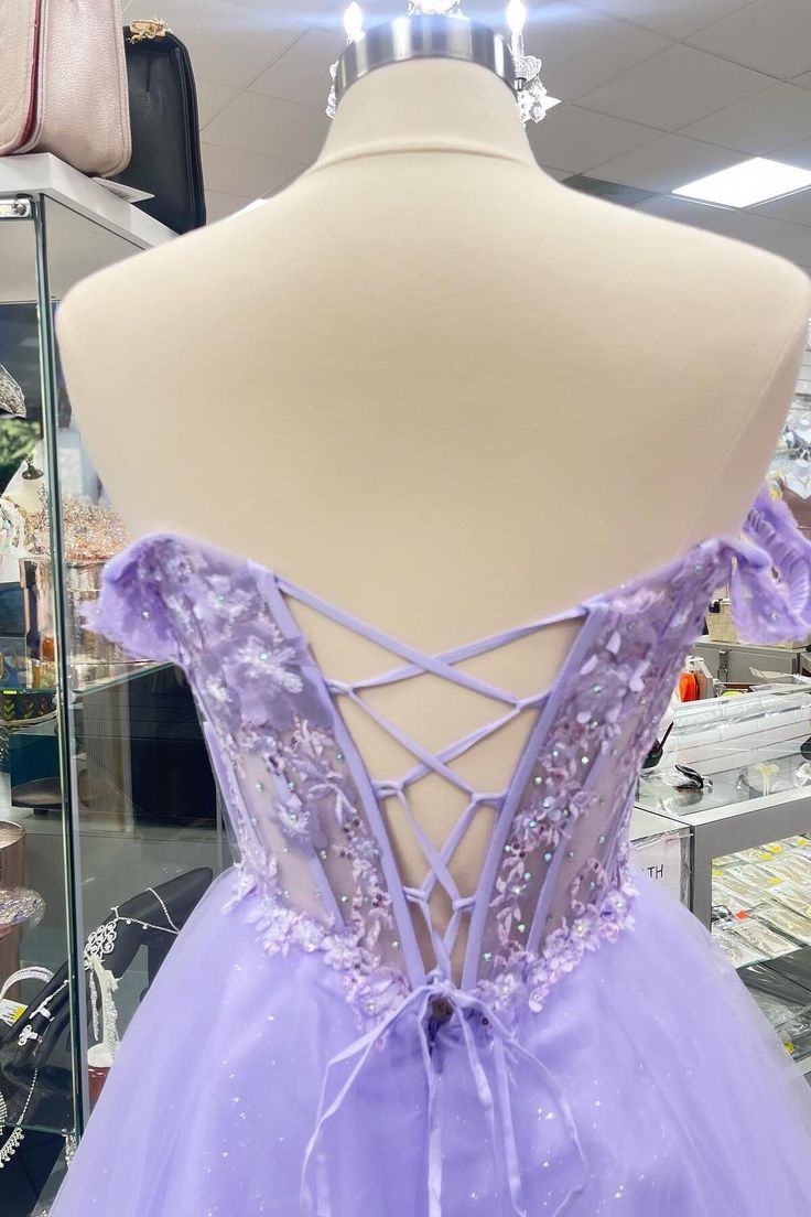 Off Shoulder Lavender Appliques Homecoming Dress Tulle Short Party Dress - View 2 | VelvetHem