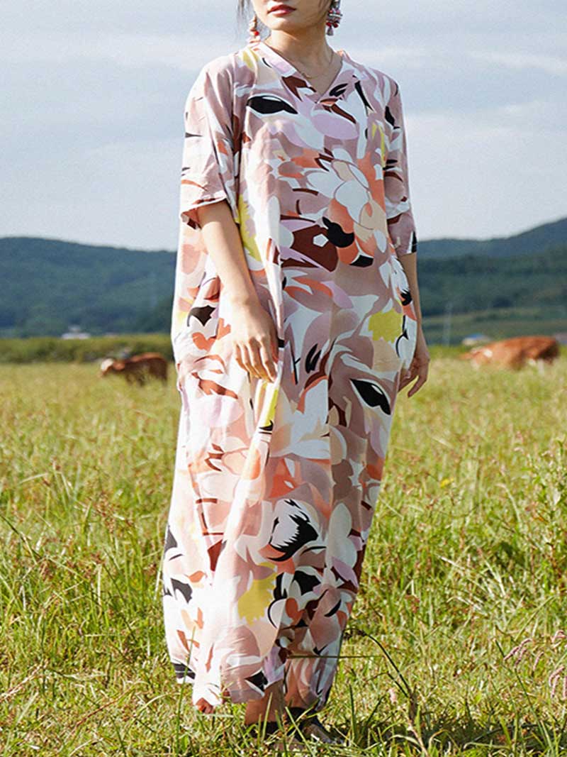 Multicolor Cotton Half Sleeves Kaftan Dress