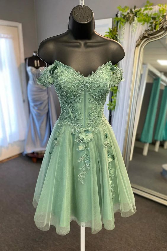 Off Shoulder Sage Green Lace Prom Dresses, Short Sage Lace Homecoming Dresses, Sage Formal Evening Dresses - VelvetHem