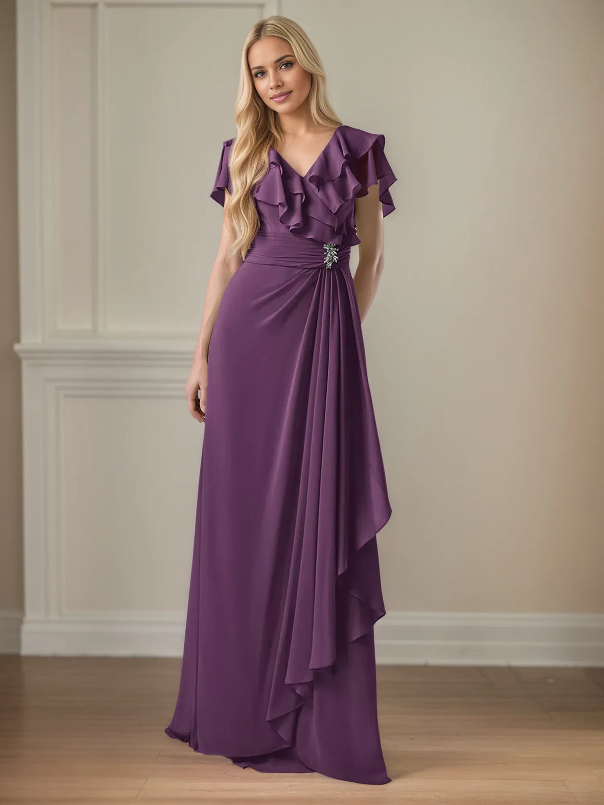 A Line Chiffon V Neck Ruffles Floor Length Mother of the Bride Dress - VelvetHem