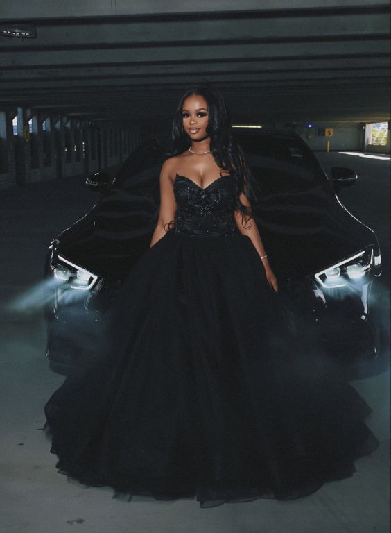 A Line Black Long Prom Dresses, Strapless Evening Party Dress