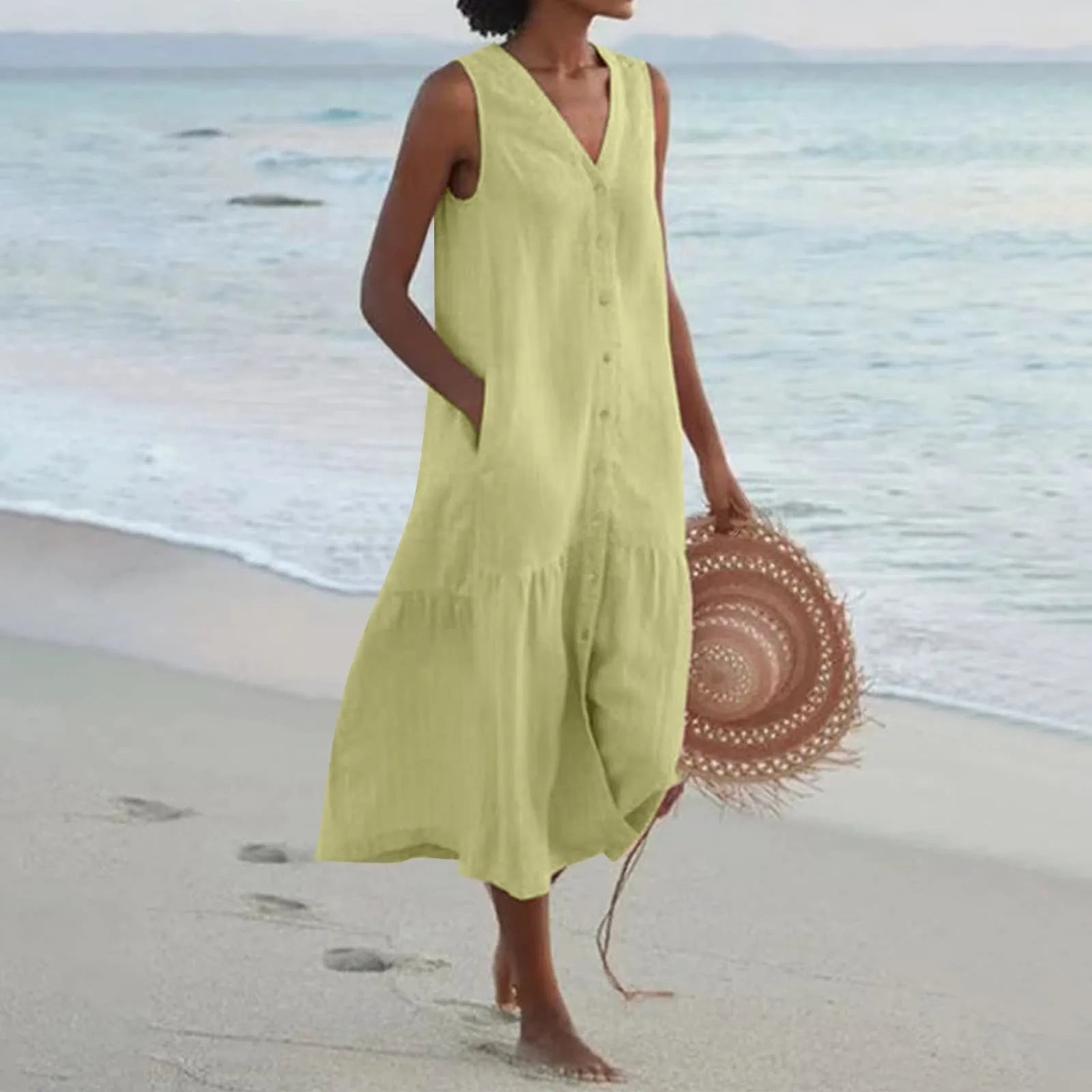 Emilia Exclusive Linen Dress with V Neck Designer Edit