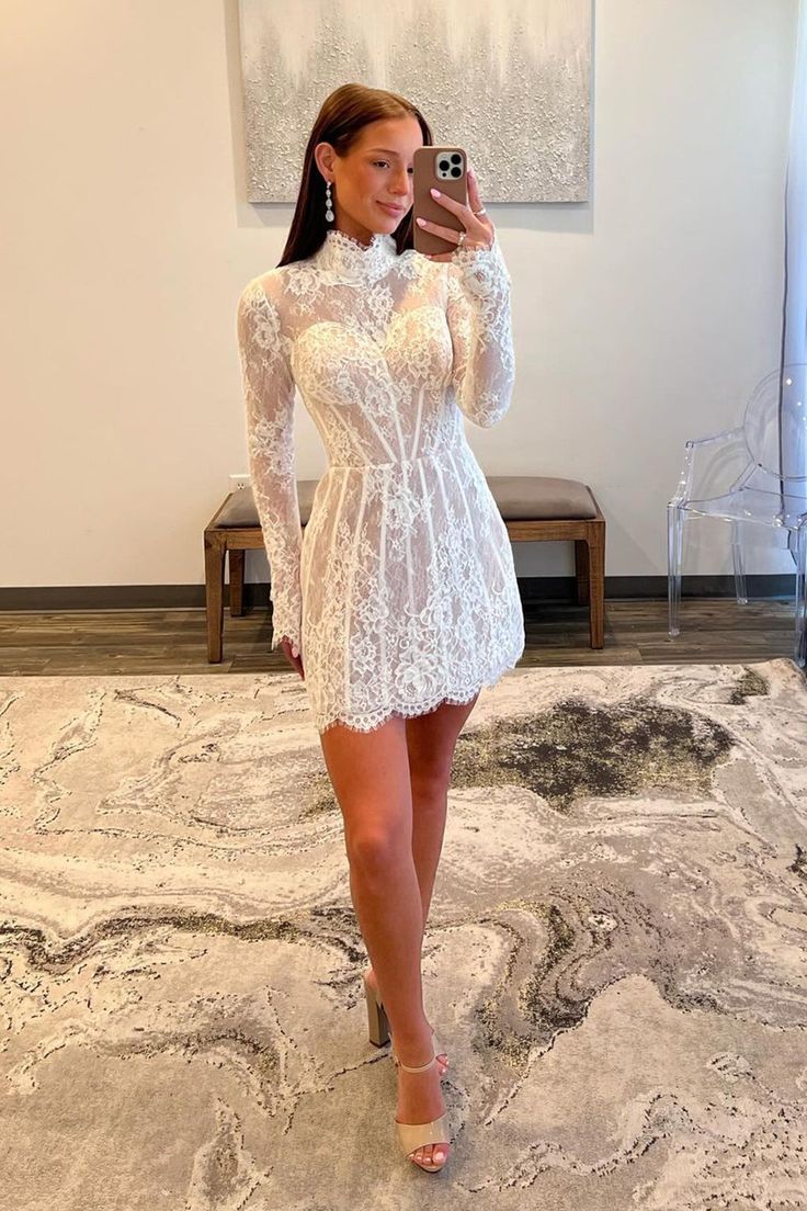 A Line Lace Homecoming Dress With Long Sleeves fg6033 - VelvetHem