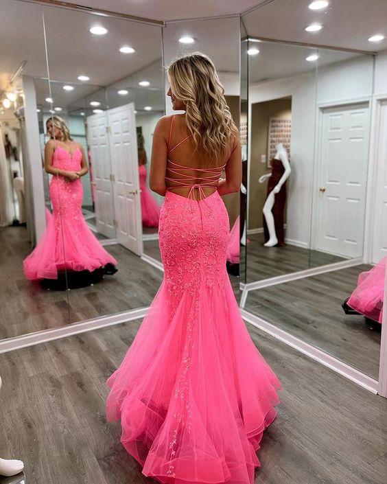 Mermaid Spaghetti Straps Hot Pink Long Prom Dress Lace Formal Dress fg6321 - VelvetHem