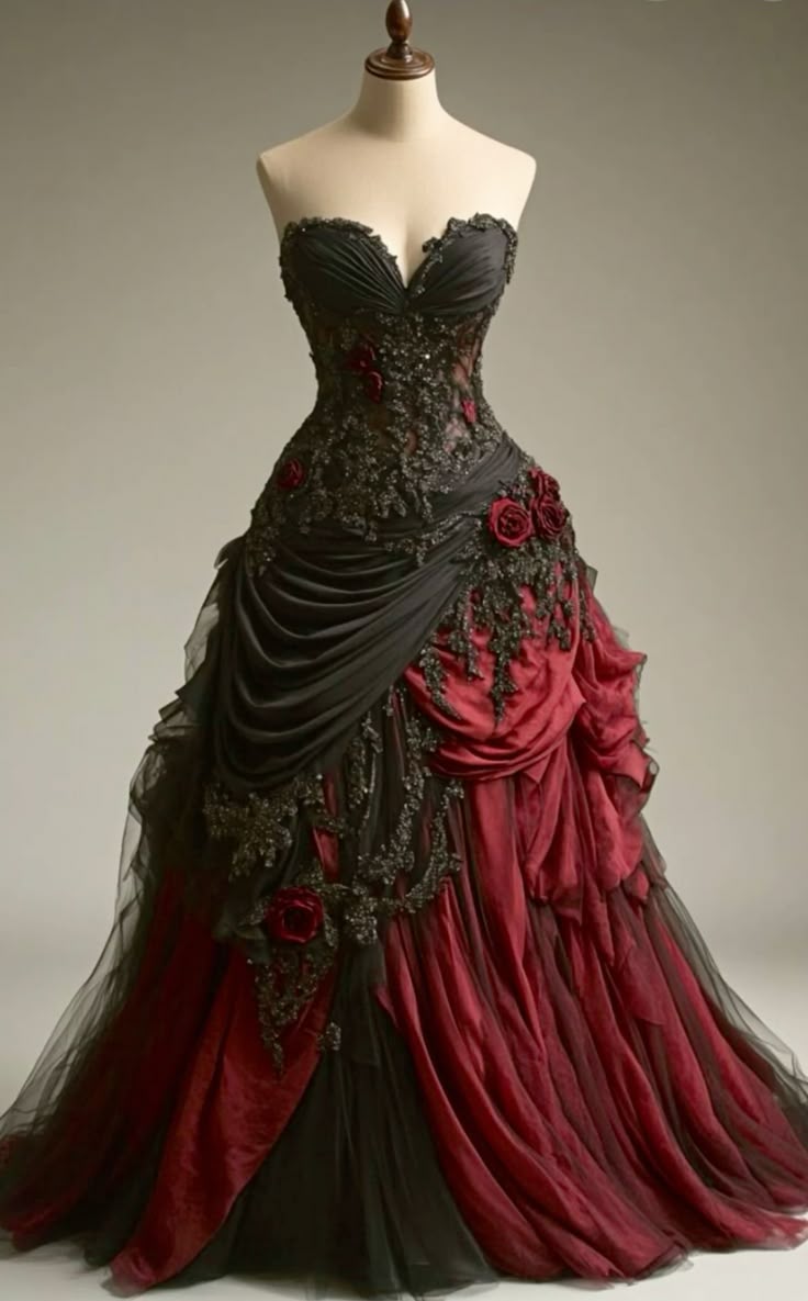 Gothic Victorian Wedding Dress, Pleated Floral Rose 3D Custom Black Burgundy Gown - VelvetHem