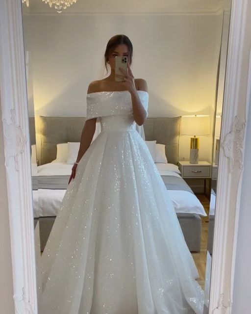 A-Line Sparkly Sequined Bride Dress For Women Off Shoulder Draped Tulle Formal Wedding Gown - VelvetHem