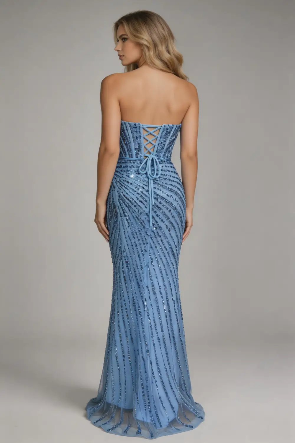 Sky Blue Sequin Strapless Mermaid Prom Dress With High Slit (ZD17137)