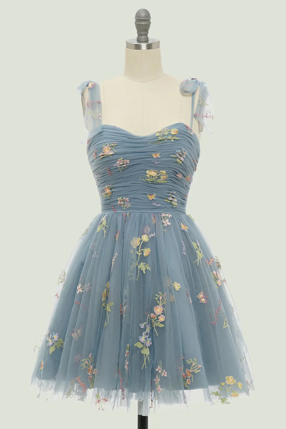 A Line Spaghetti Straps Champagne Short Homecoming Dress with Embroidery