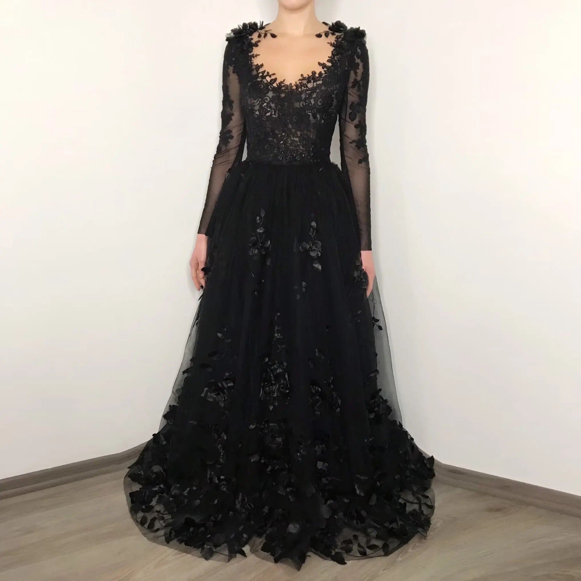 Black Luxury Gothic Wedding Dress 3D Floral Lace Tulle Sweep Train ZP026