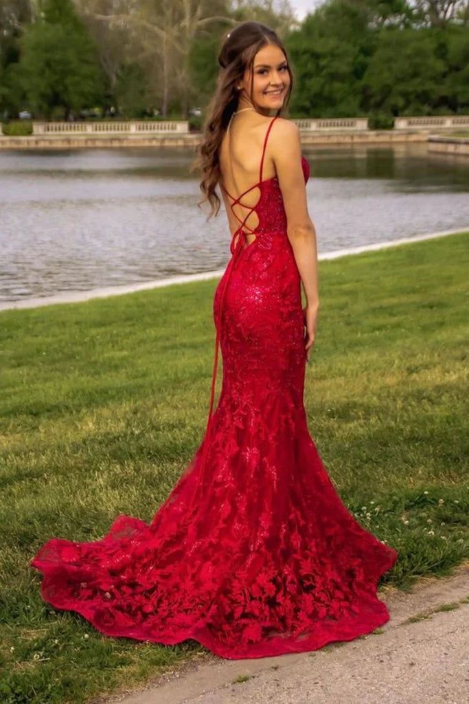 Burgundy Mermaid Lace Sequins Prom Dress Formal Wear Dresses fg6922 - View 4 | VelvetHem