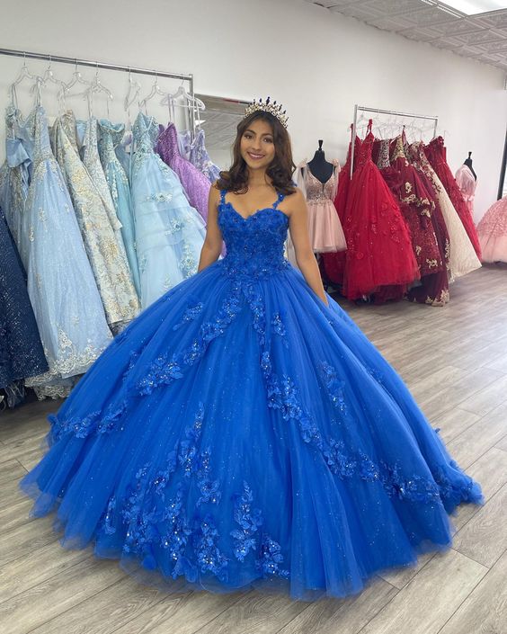 Royal Blue Quinceanera Dresses Lace Appliques Off Shoulder Tulle Evening Gowns - VelvetHem