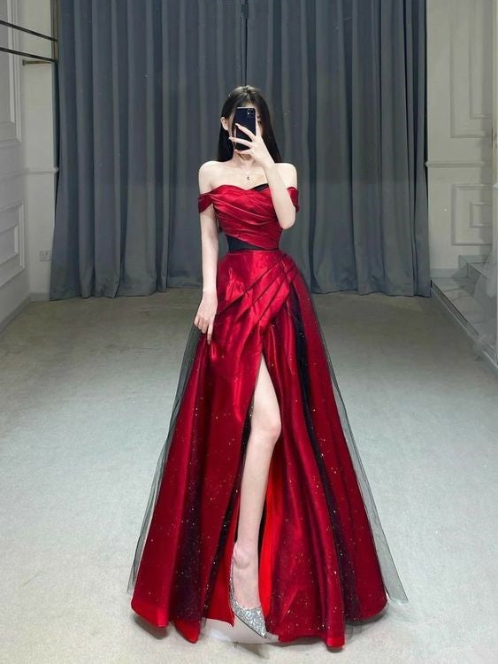 A line Off The Shoulder Long Prom Dress Evening Dress - VelvetHem