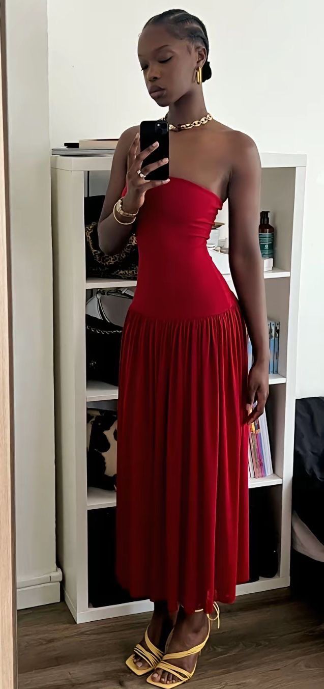 Red Strapless A-Line Long Party Dress Wedding Guest Dress fg7403 - VelvetHem