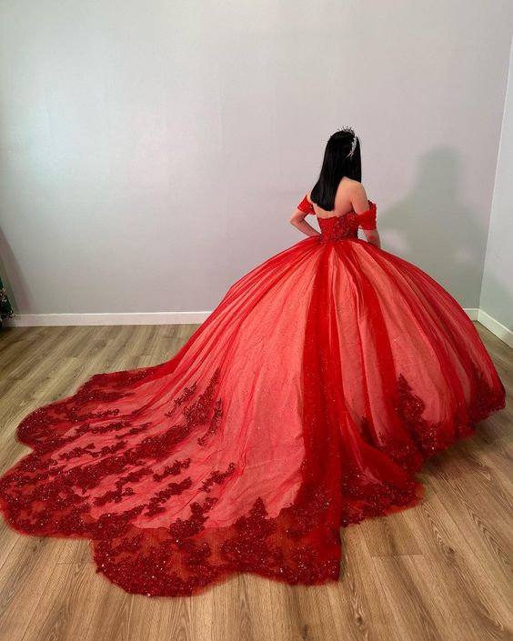 Red Off The Shoulder Ball Gown,Red Sweet 16 Dress,Princess Dress - View 3 | VelvetHem