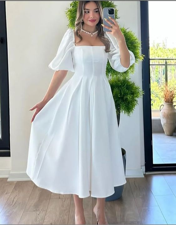 Simple White Square Neckline A-line Party Dress - View 2 | VelvetHem