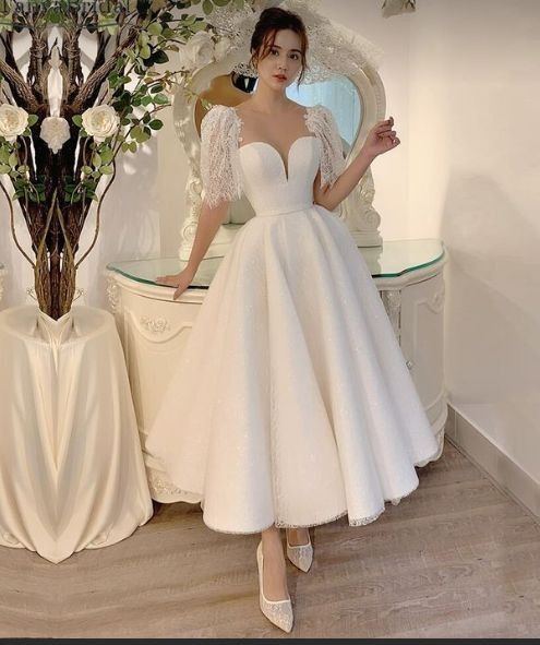 A-line Tea Length Lace Wedding Dresses With Short Sleeves fg6418 - VelvetHem