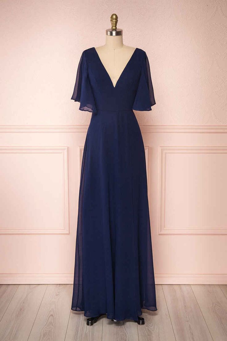 Navy Blue Chiffon V-Neck Ruffled Sleeve Long Bridesmaid Dress fg6390 - VelvetHem