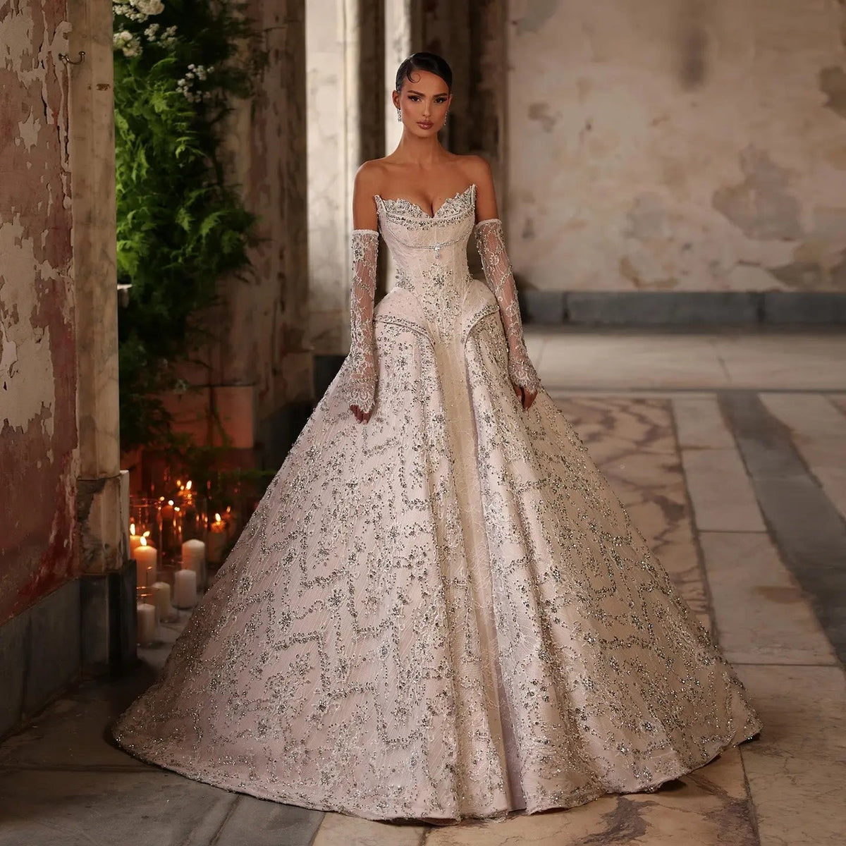 Luxury Off Shoulder Beaded Ball Gown Wedding Dress ZP181 - VelvetHem