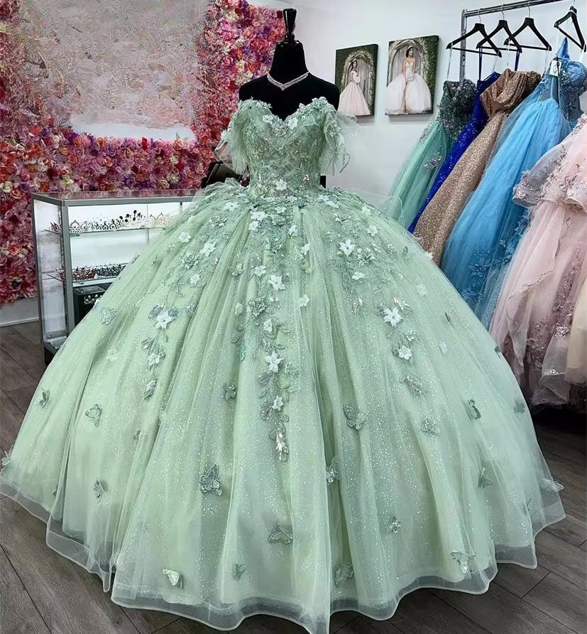 Green Quinceanera Dresses Ball Gown Off The Shoulder Tulle Appliques Sweet 16 Dresses fg6683 - VelvetHem