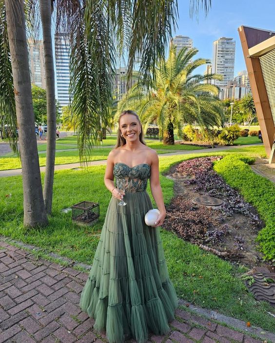 Strapless Green A Line Tulle Long Prom Dress - VelvetHem