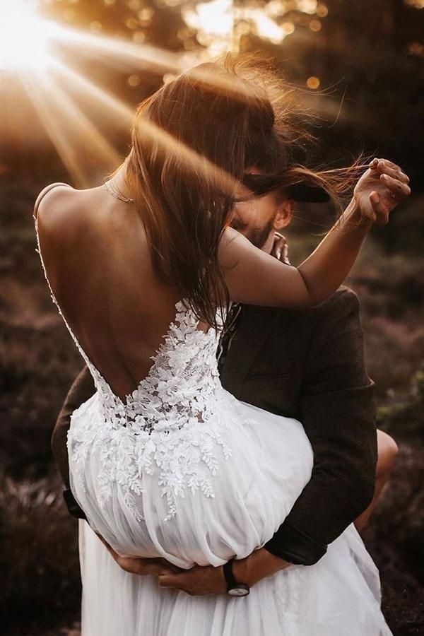 V Neck Tulle Backless Bridal Dress A Line Wedding Dresses With Lace Applique - VelvetHem