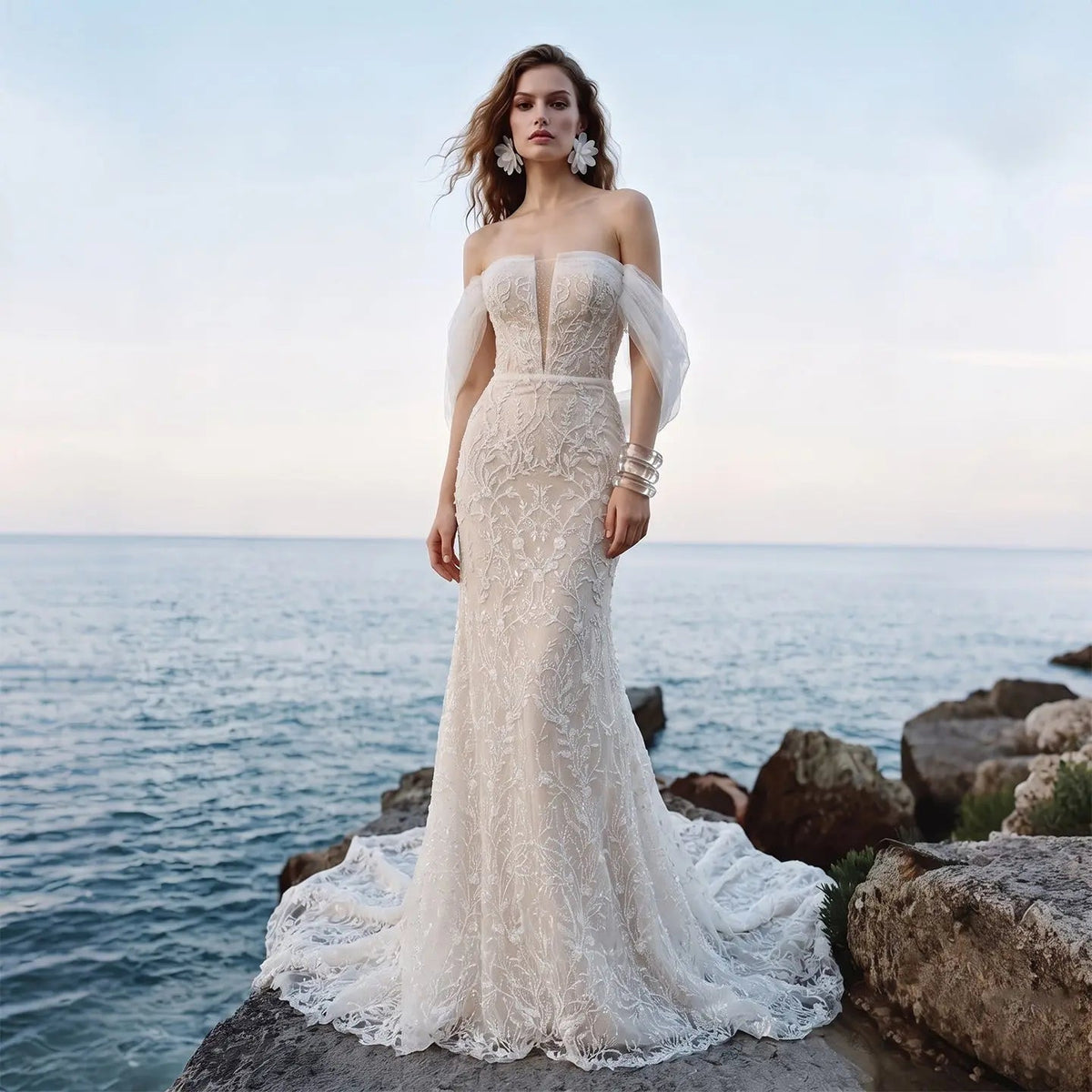 White Nude Lace Mermaid Wedding Dress Luxury Beaded Sequins Tulle Gloves ZP032 - VelvetHem
