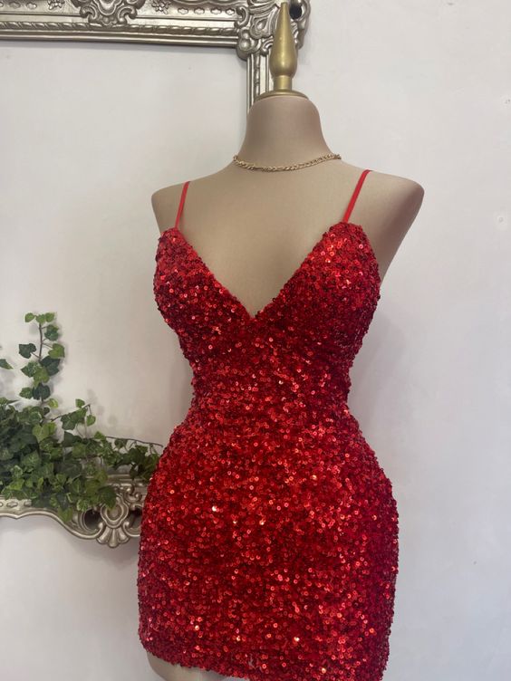 Red Sheath Straps Sequins Mini Homecoming Dress fg6293 - VelvetHem