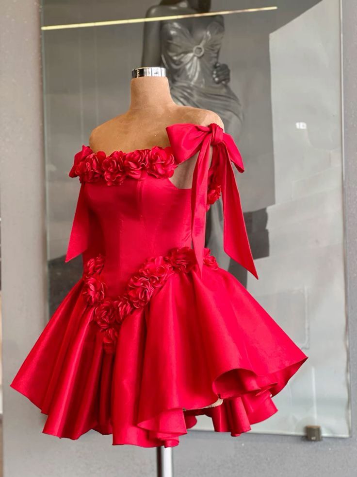 Red Cocktail Party Dress with 3D Flowers Off The Shoulder Elegant Evening Gown for Women fg6589 - VelvetHem