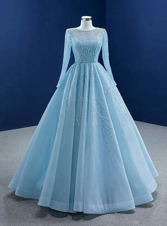 Tulle A Line Elegant Light Blue Evening Dress New O Neck Sequined Lace Formal Prom Gowns fg6464 - VelvetHem