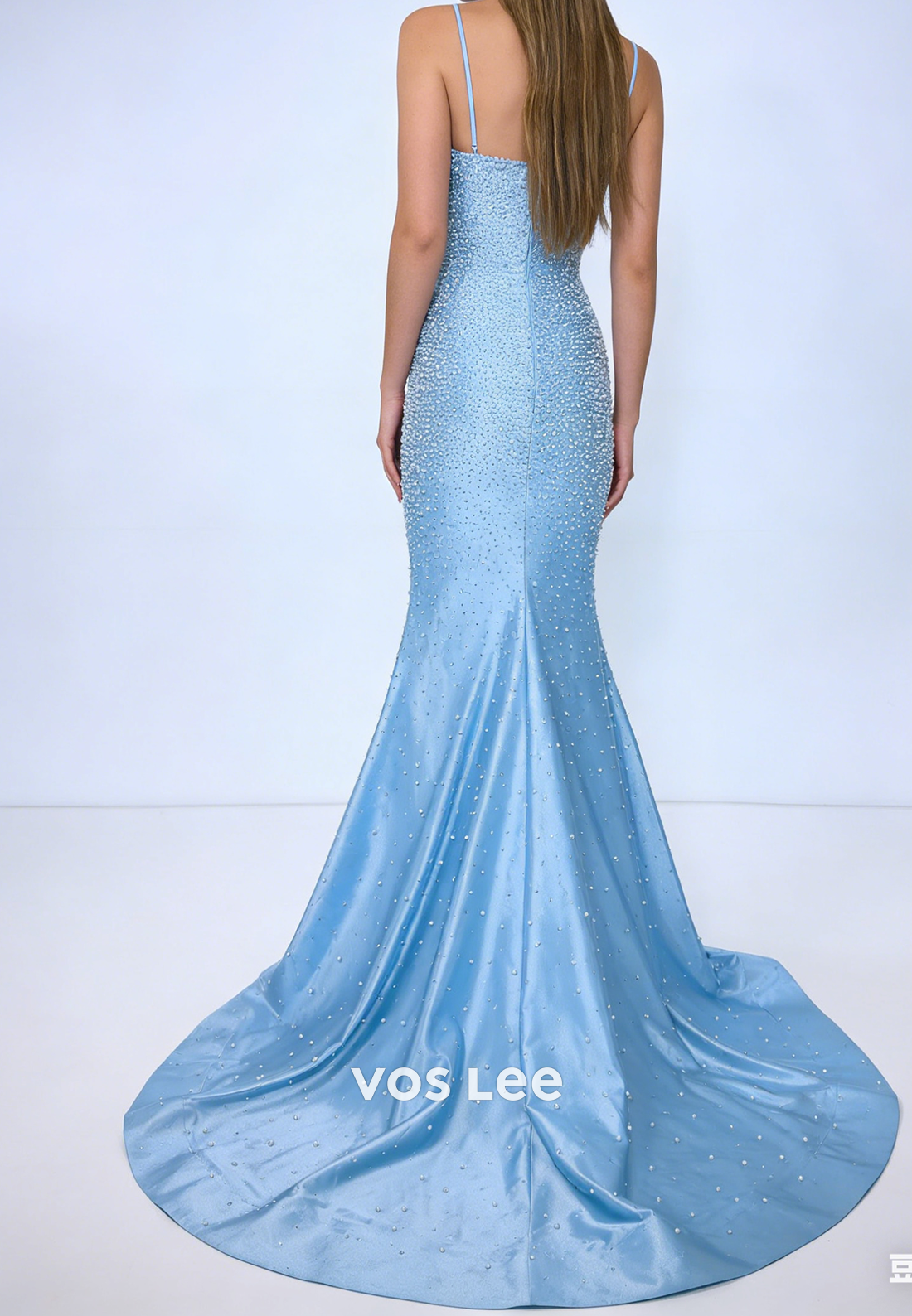 Blue Spaghetti-Straps Sleeveless A-Line Prom Dress Long With Pearls
