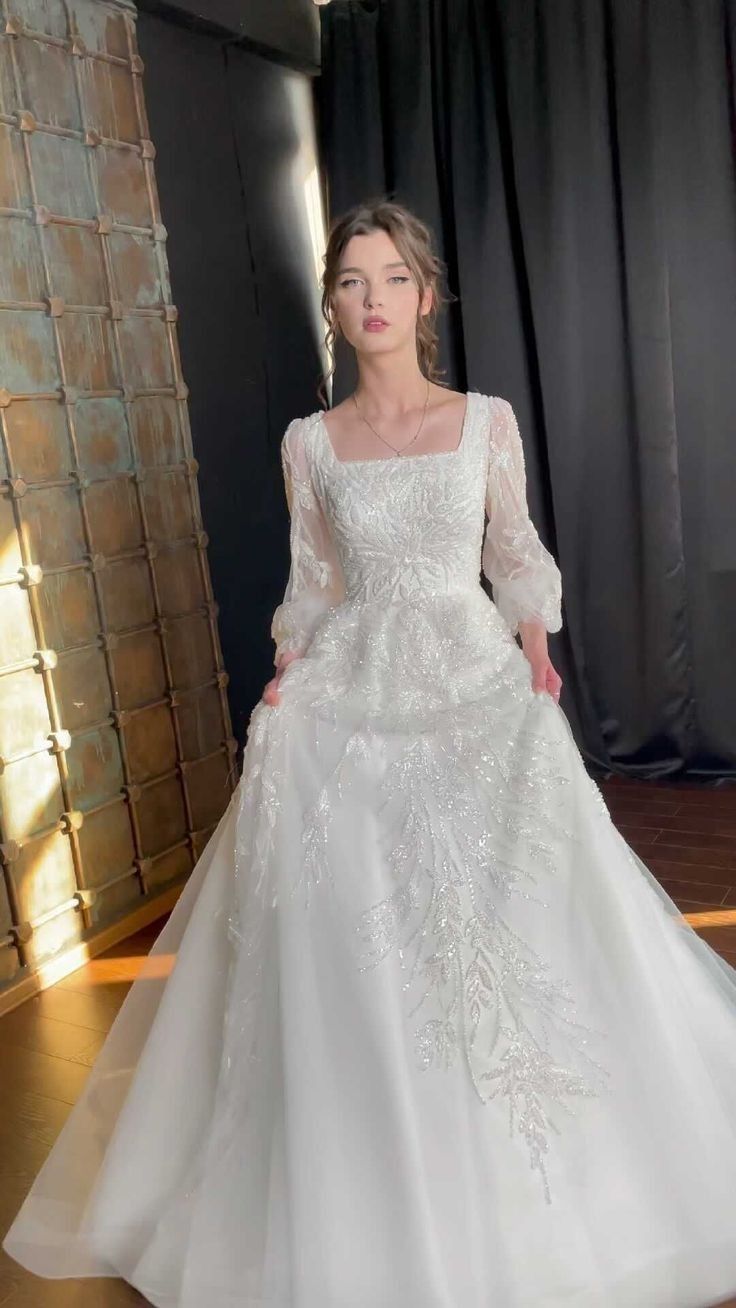 A Line White Square Neck Long Princess Wedding Dress