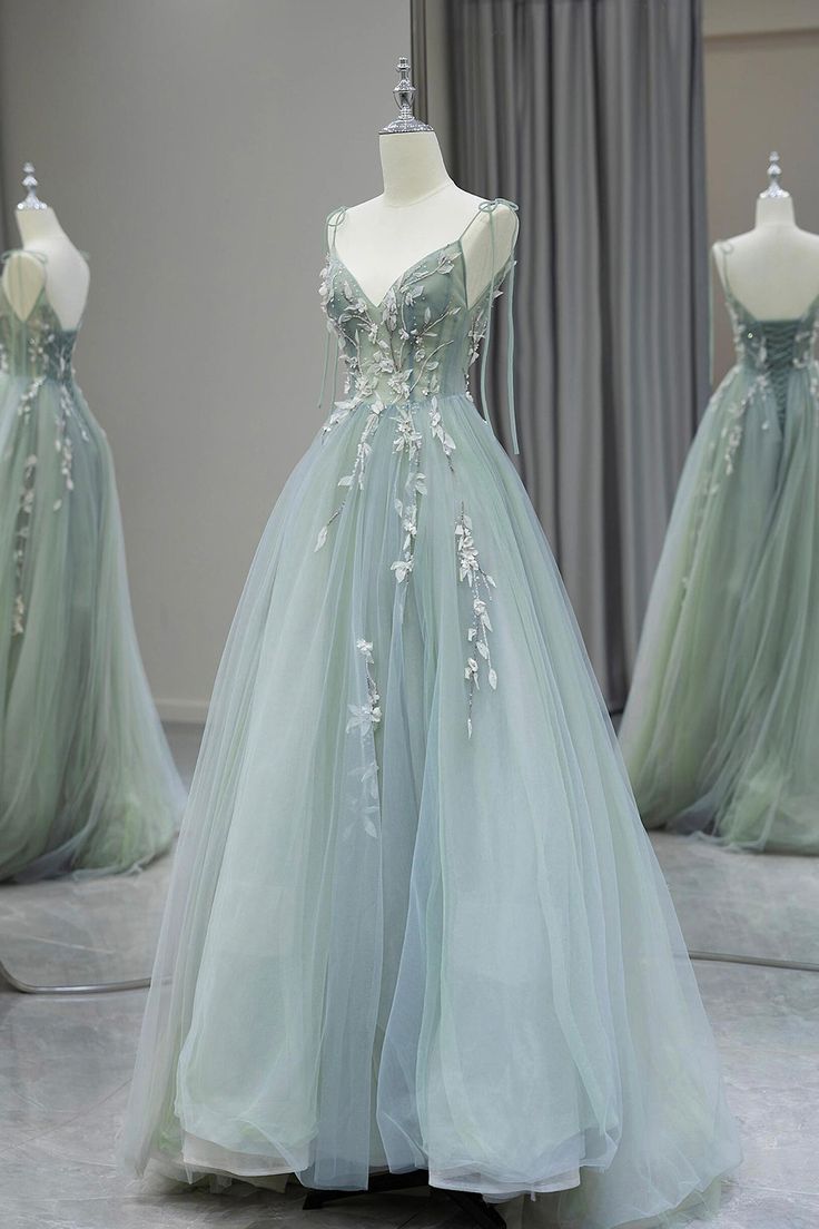 Stylish Spaghetti Strap Tulle Floor Length Formal Dress Gray Green V-Neck Backless Party Dress fg6350 - VelvetHem