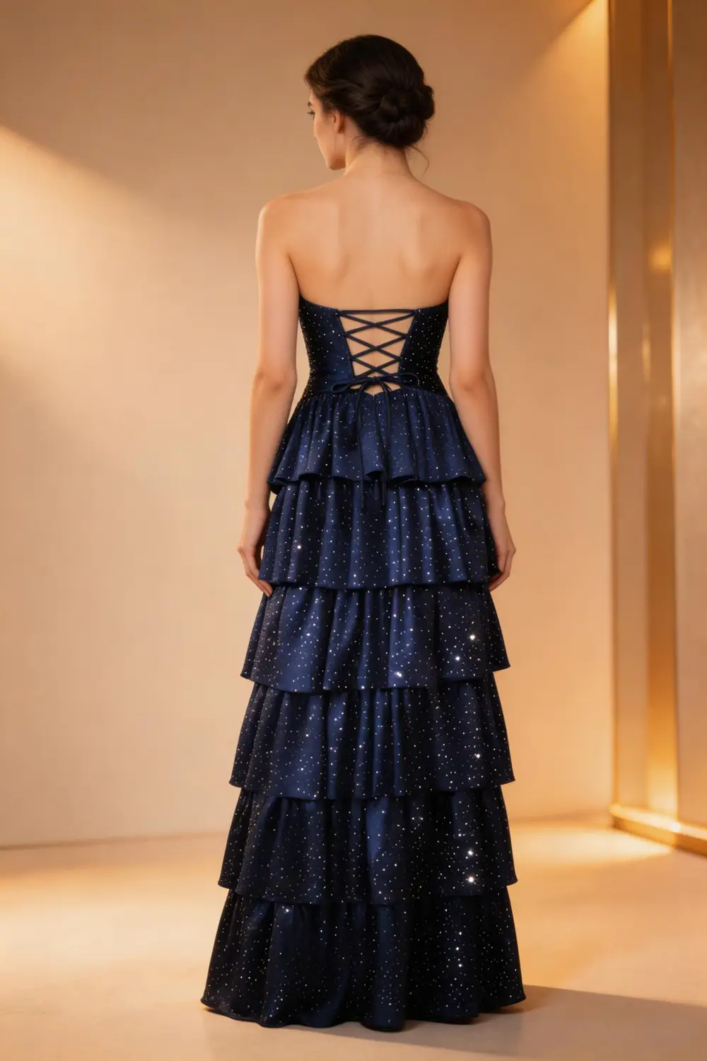 Navy Blue Sparkly Strapless Tiered Prom Dress Evening Gown (ZD17135)