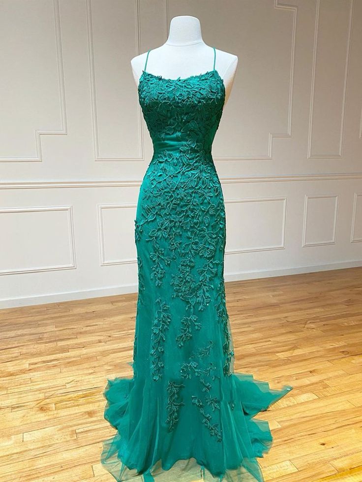 Mermaid Backless Green Lace Long Prom, Mermaid Green Formal, Green Lace Evening Dress - VelvetHem