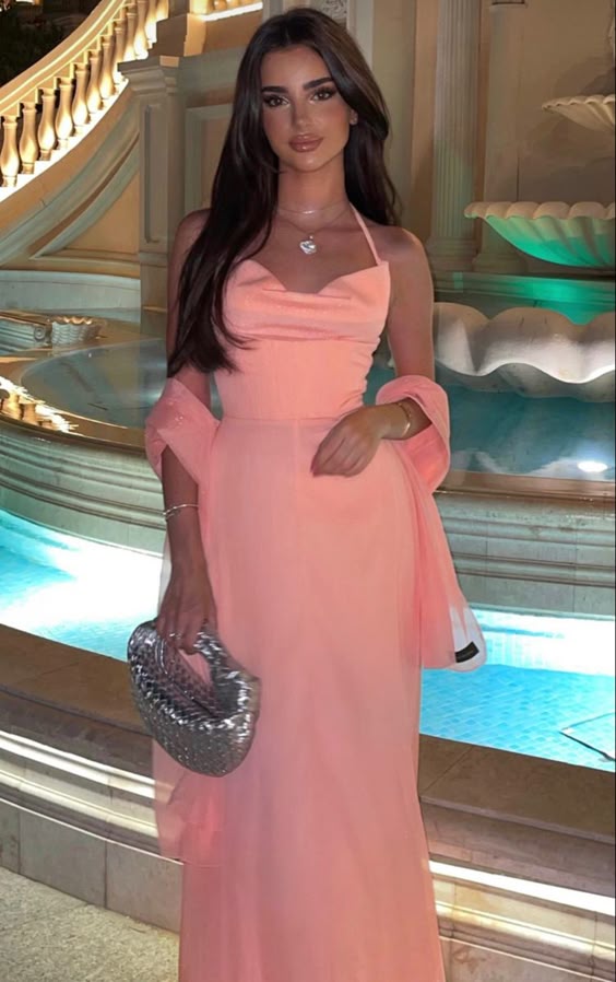 Spaghetti Straps Halter Pink Evening Dresses Formal Gown With Shawl fg6747 - View 2 | VelvetHem