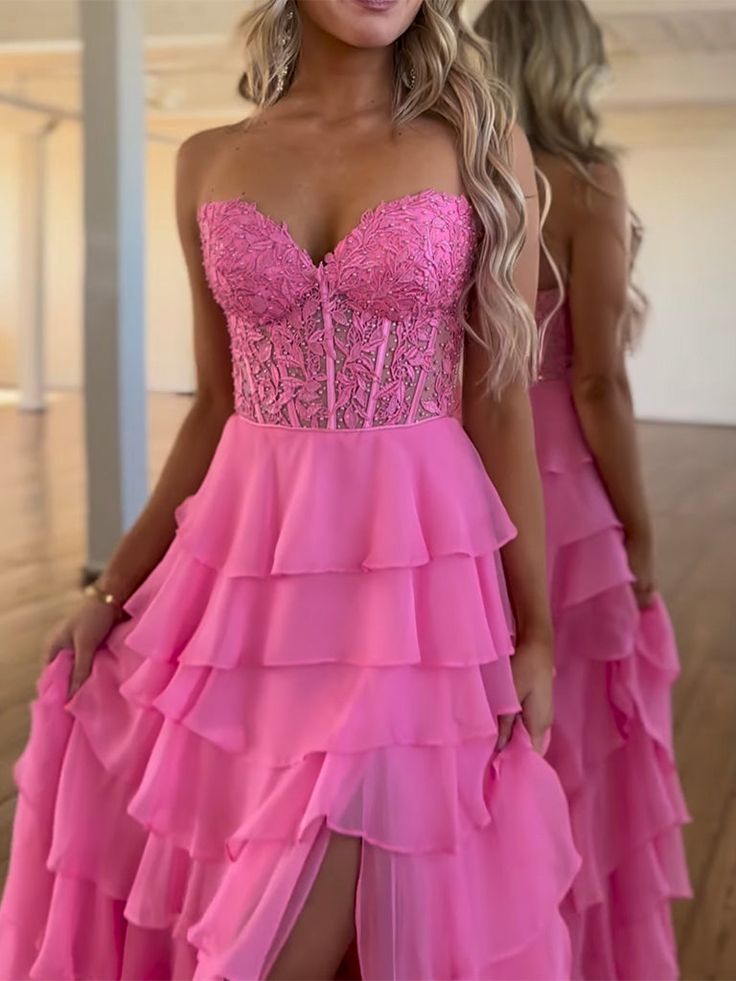 A-Line Sweetheart Neck Lace Chiffon Long Prom Dress, Lace Long Formal Dress - View 3 | VelvetHem