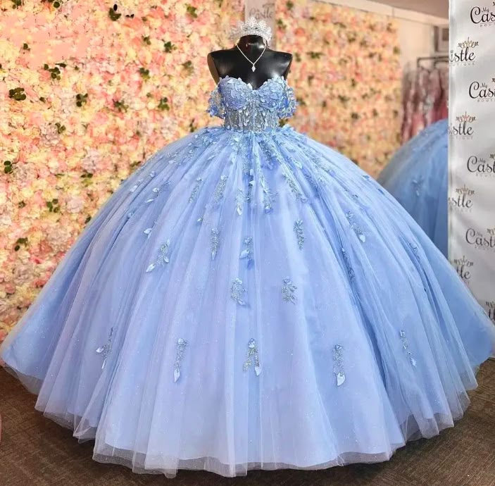 Sparkly Sky Blue Quinceanera Dress Ball Gown Appliques Beading Sequins Sweet 15 16 Dress fg6627 - VelvetHem