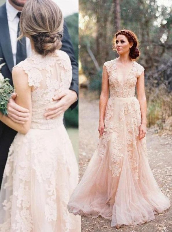 Elegant V-neck Sleeveless Cap Sleeves Floor-Length Wedding Dress fg6501 - VelvetHem