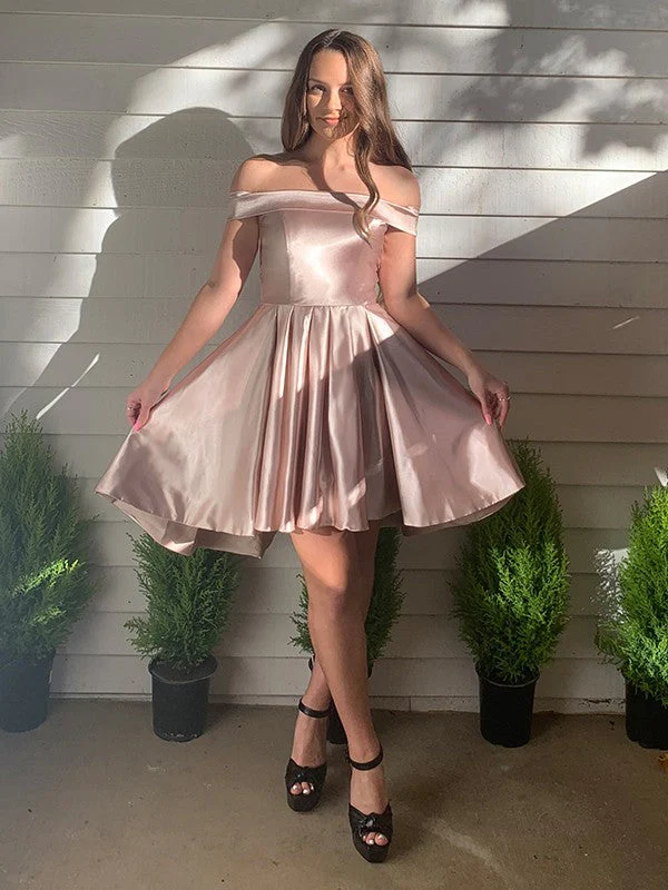 A-Line/Princess Off-the-Shoulder Satin Sleeveless Ruffles Short/Mini Homecoming Dresses - VelvetHem