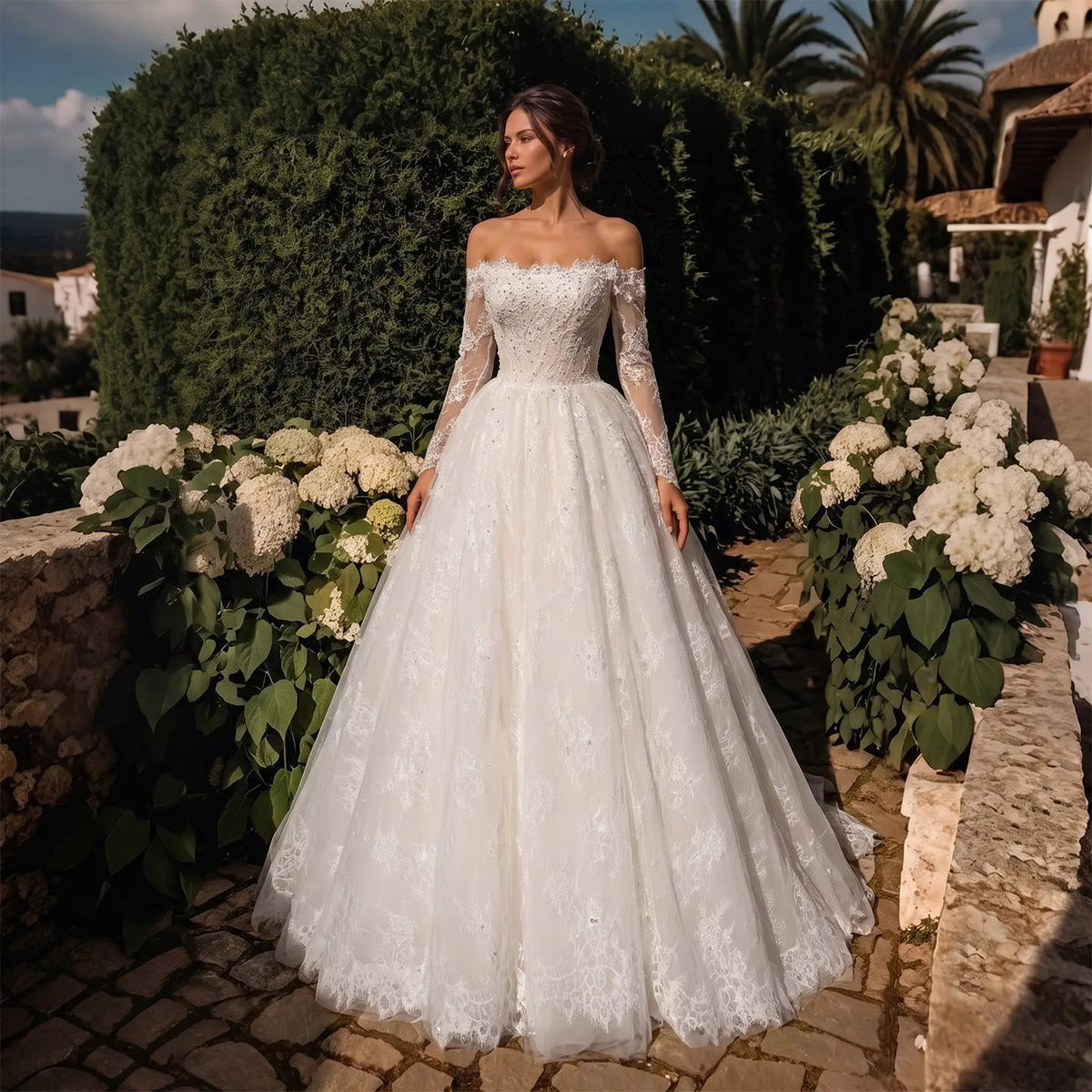 White Lace and Tulle Ball Gown Wedding Dress Off the Shoulder Beaded Bridal Dress ZP013 - VelvetHem