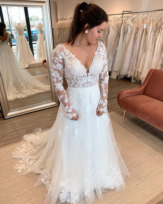 A-line Long Sleeve Lace Wedding Dress fg6613 - VelvetHem