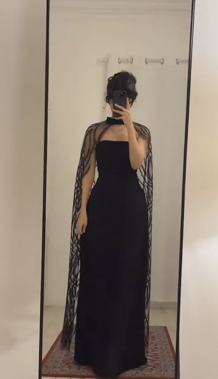 Black Long Prom Dresses, Evening Formal Dress With Cape fg6415 - VelvetHem