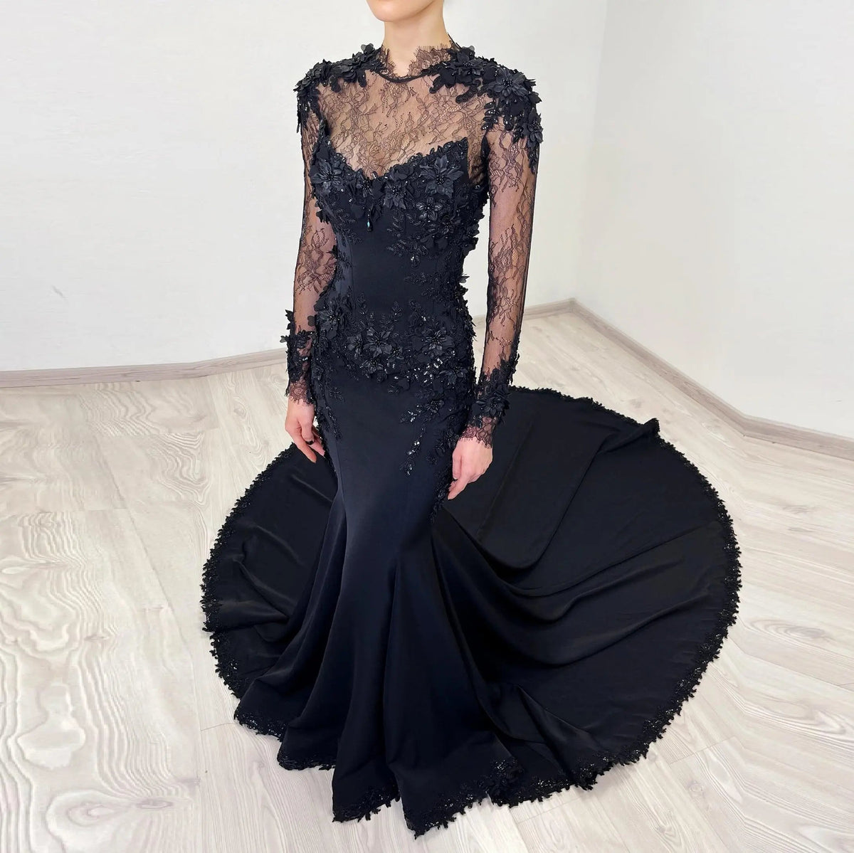 Black Luxury Gothic Wedding Dress Mermaid 3D Floral With Lace Edge Train ZP194
