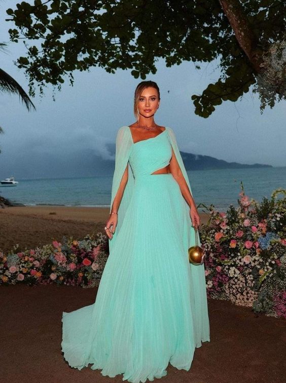 Party Dresses Elegant Mint Green Chiffon Prom Dress A-Line Long Cape Sleeves Floor Length Formal Evening Gowns fg6254 - VelvetHem