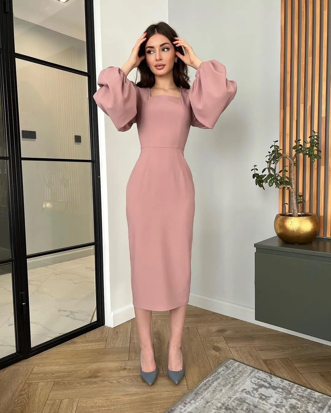 Saudi Arabia Women's Prom Dresses Square Neck Tea Length Formal Dress Temperament Evening Dress - VelvetHem