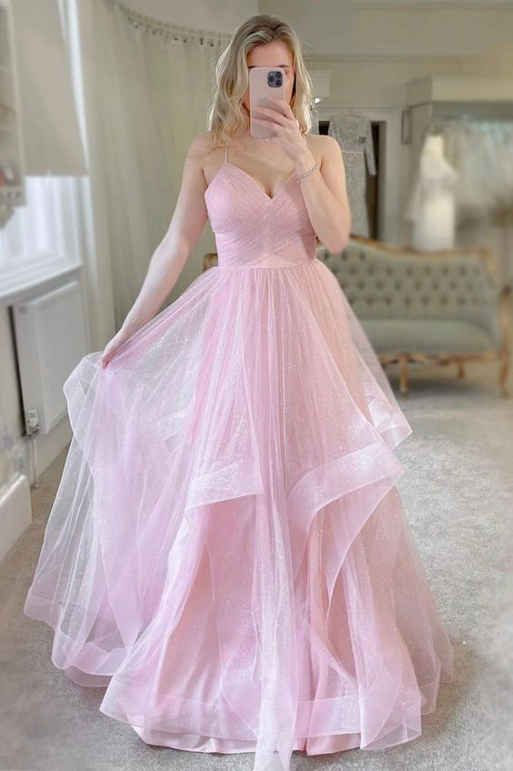 Pink Tulle Long Prom Dresses Sweet A-Line Evening Dresses Y6591 - VelvetHem
