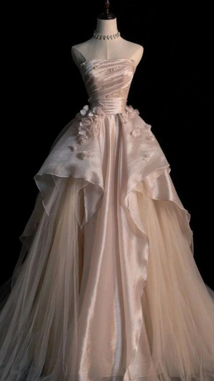 Generous Pink Strapless A-line Tulle Evening Dress Glam Dress Y6761