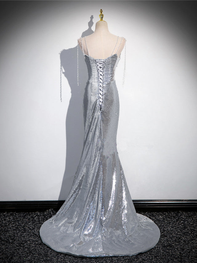 Charming Silver Mermaid Sequins Spaghetti Straps Pleated Prom Dress Long Party Dress - View 4 | VelvetHem