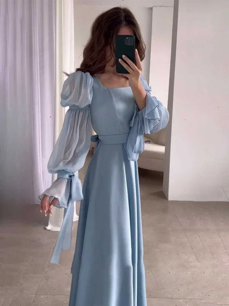 Light Blue Puff Sleeves Long Evening Dress fg6688 - View 2 | VelvetHem