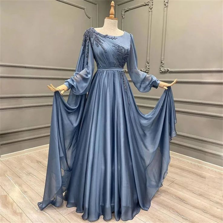 Elegant Blue Chiffon Gown with Embellished Sleeves Evening Dress fg6652 - View 3 | VelvetHem